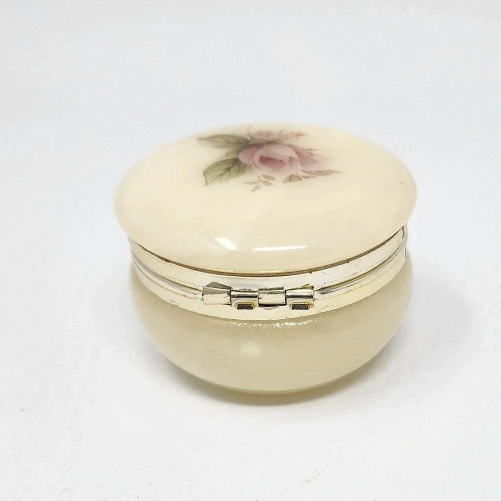 Vintage Alabaster Trinket Box Hand Painted Pink Rose Hinged Round Made in Italy